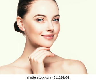 Beautiful Woman Face Portrait Beauty Skin Care Concept Beautiful beauty young female model girl touching her face skin cheeks hands fingers. Fashion Beauty Model isolated on white - Shutterstock ID 511324654