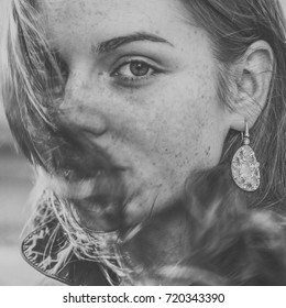 Beautiful Woman Face Portrait Freckles Street City Black And White Film Effect