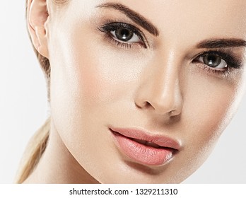 Beautiful Woman Face Skin Closeup Blonde Hair Beauty Eyes Lashes Lips
