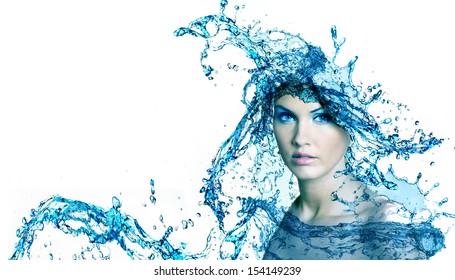 Beautiful woman face with water. Purity concept background.