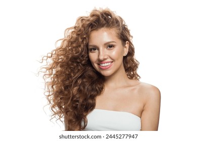 Beautiful woman face. Young model with healthy skin, long hair and makeup on white background - Powered by Shutterstock