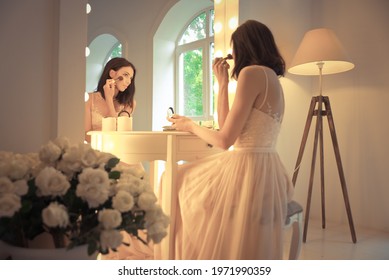 Beautiful Woman With Fancy Wedding Dress Make Preparations For The Event