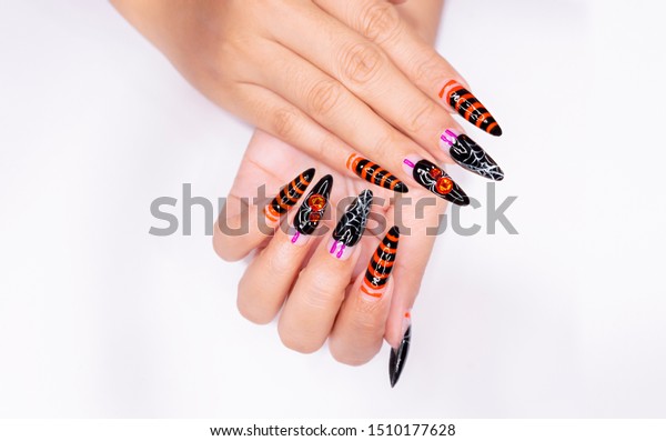 Beautiful Woman Fingernail Black Orange Color Stock Photo Edit Now 1510177628