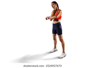 Beautiful woman, fitness and runner checking watch for monitoring exercise, workout or sports track time.	 - Powered by Shutterstock