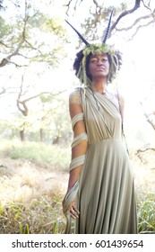 Beautiful Woman As A Forest Goddess With Faun Headdress. 