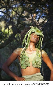 Beautiful Woman As A Forest Goddess With Faun Headdress. 