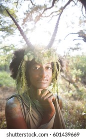 Beautiful Woman As A Forest Goddess With Faun Headdress. 