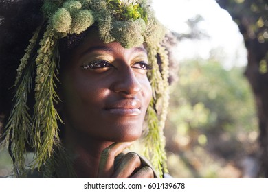 Beautiful Woman As A Forest Goddess With Faun Headdress. 