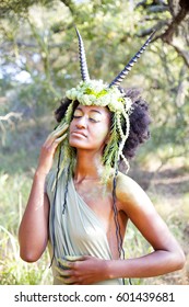 Beautiful Woman As A Forest Goddess With Faun Headdress. 