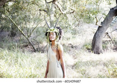 Beautiful Woman As A Forest Goddess With Faun Headdress. 