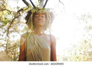 Beautiful Woman As A Forest Goddess With Faun Headdress. 