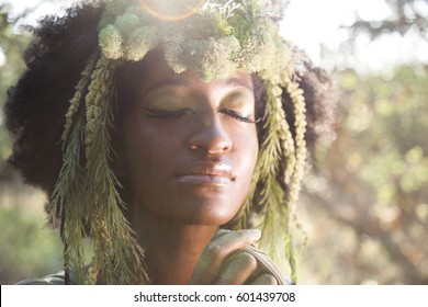 Beautiful Woman As A Forest Goddess With Faun Headdress. 