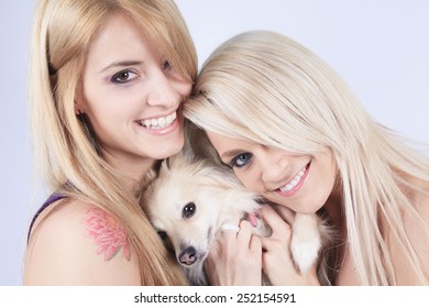 A Beautiful Woman Friends Fashion, Holding Dog In Studio Gray Background