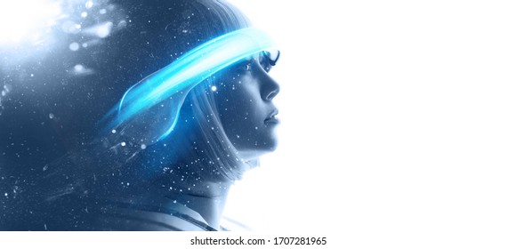 Beautiful Woman In Futuristic Costume Over White Background. Girl In 3d Glasses Of Virtual Reality. Augmented Reality, Game, Future Technology, AI Concept. VR. Blue Neon Light.