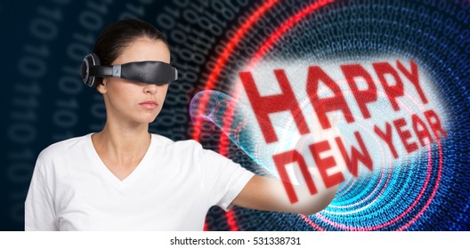 Beautiful woman gesturing while using virtual video glasses against binary spiral with red glow