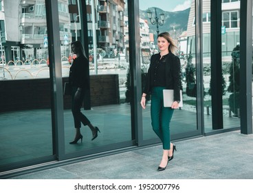 Beautiful Woman Going To Work Walking Near Office Building.