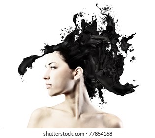 Beautiful Woman With Hair Melting In Black Paint