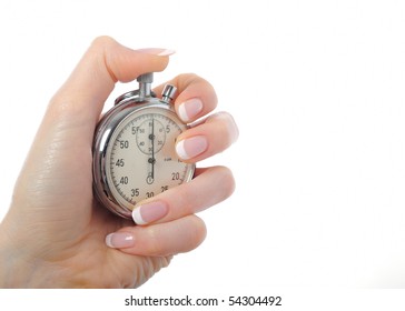 Beautiful Woman Hand With Stop Watch. Isolated On White Background