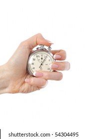 Beautiful Woman Hand With Stop Watch. Isolated On White Background