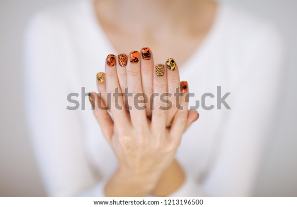 Beautiful Woman Hands Cute Halloween Nail Stock Photo Edit Now 1213196500