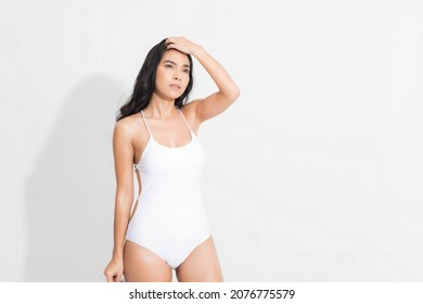 Beautiful Woman In Happiness Wearing White Swimsuit Dress White Sunglasses In Concept Summer Fashion Studio Shoot Isolated On White Background.