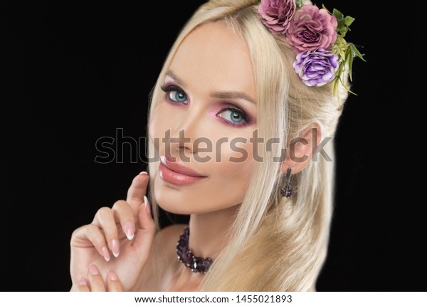 Beautiful Woman Has Blue Eyes Pink Stock Photo Edit Now 1455021893