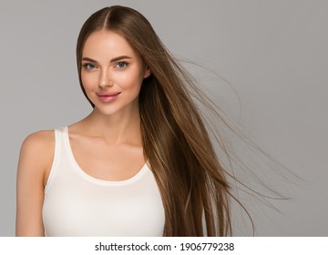 Beautiful Woman With Healthy Long Hair Beauty Skin Clean And Fresh Female Young Model Portrait