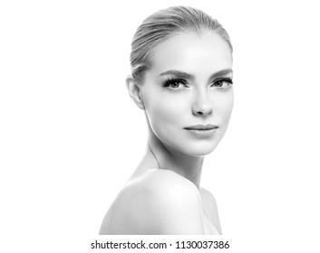 Beautiful Woman With Healthy Skin Natural Makeup Blonde Hair Beauty Face With Beauty Lashes Monochrome Isolated On White