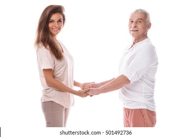 Beautiful woman and her elderly father on white background - Shutterstock ID 501492736