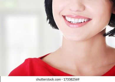 Beautiful Woman With  Her Perfect Straight White Teeth. 