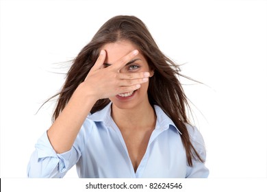 Beautiful Woman Hiding Her Eyes With Fingers