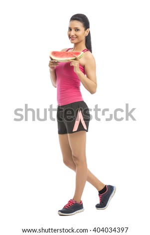 Beautiful woman hold watermelon on white background.