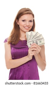 beautiful woman holding 500 dollars isolated on white background