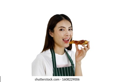 Beautiful woman holding and eating a pizza on white background concept with clipping path. - Shutterstock ID 1608229006