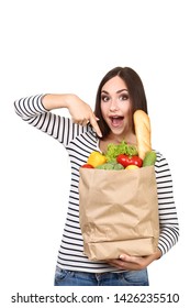 Beautiful Woman Holding Grocery Shopping Bag On White Background