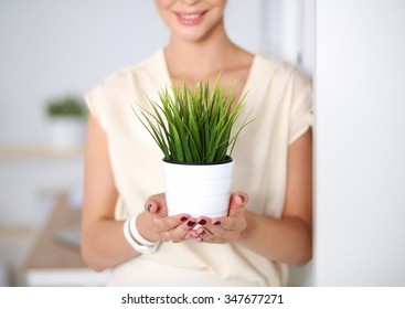 Beautiful Woman Holding Pot With A Plant, Standing At Home