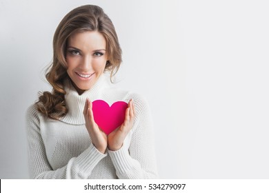 Beautiful Woman Holding Valentines Day Paper Heart Card