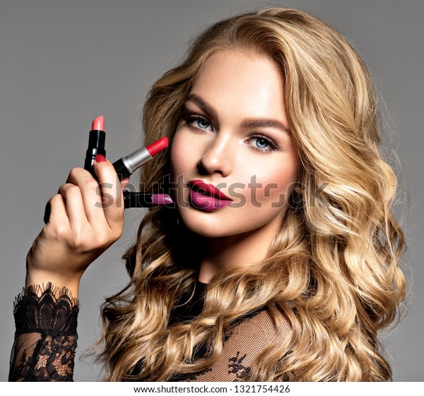 Beautiful Woman Holds Lipsticks Makeup Beauty Stock Photo Edit