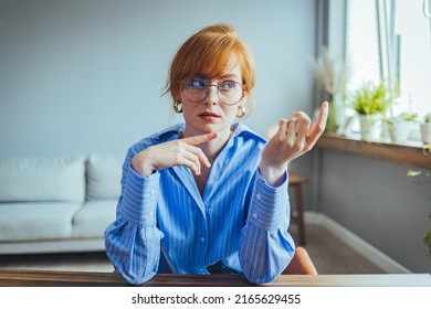 Beautiful Woman At Home Sitting And Looking At Computer Screen Communicating Using Webcam, Online Learning Process, Online Training Webinar Talking Via Video Conference Call, E-learning Concept