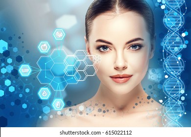 Beautiful woman info-graphic portrait with information and healthy concept - Shutterstock ID 615022112