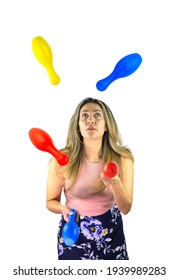 Beautiful Woman Juggling Bowling Pins