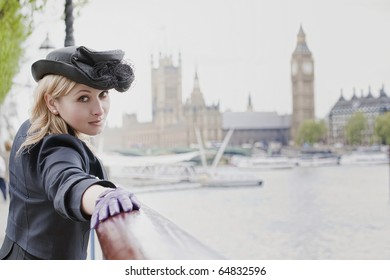 Beautiful woman  in London, with Big Ben in background