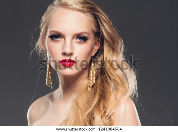 Beautiful Woman Long Blonde Hair Red Stock Photo Edit Now 1241884564