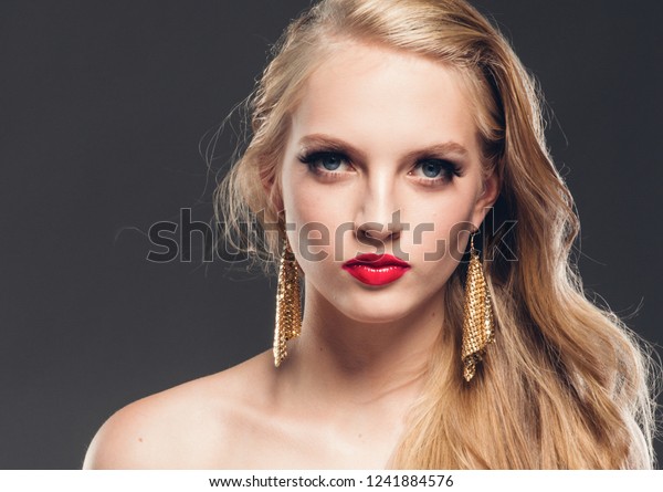 Beautiful Woman Long Blonde Hair Red Stock Photo Edit Now 1241884576