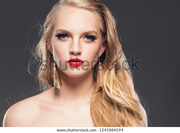 Beautiful Woman Long Blonde Hair Red Stock Photo Edit Now 1241884594