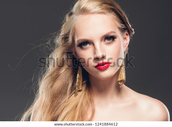 Beautiful Woman Long Blonde Hair Red Stock Photo Edit Now 1241884612