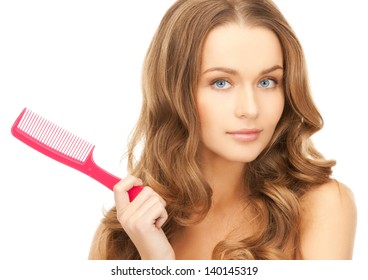 Beautiful Woman With Long Curly Hair And Brush