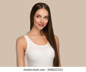 Beautiful Woman With Long Healthy Smooth Hair Beauty Natural Casual Style. Color Background Brown