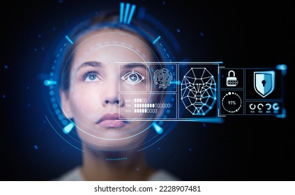 Beautiful woman look up and eye with biometric data scanning and analysis on virtual screen. Face recognition and artificial intelligence. Concept of identification