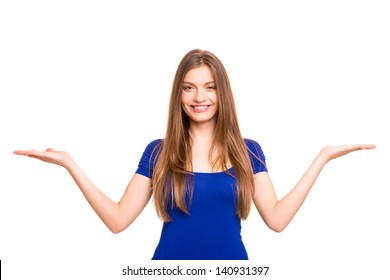 Beautiful woman making a scale with her arms wide open, isolated in a white background - Powered by Shutterstock